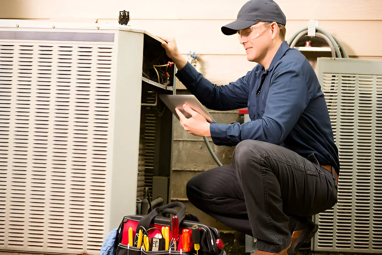 Home 11 Urgent AC repair technician fixing unit at night in Tampa.